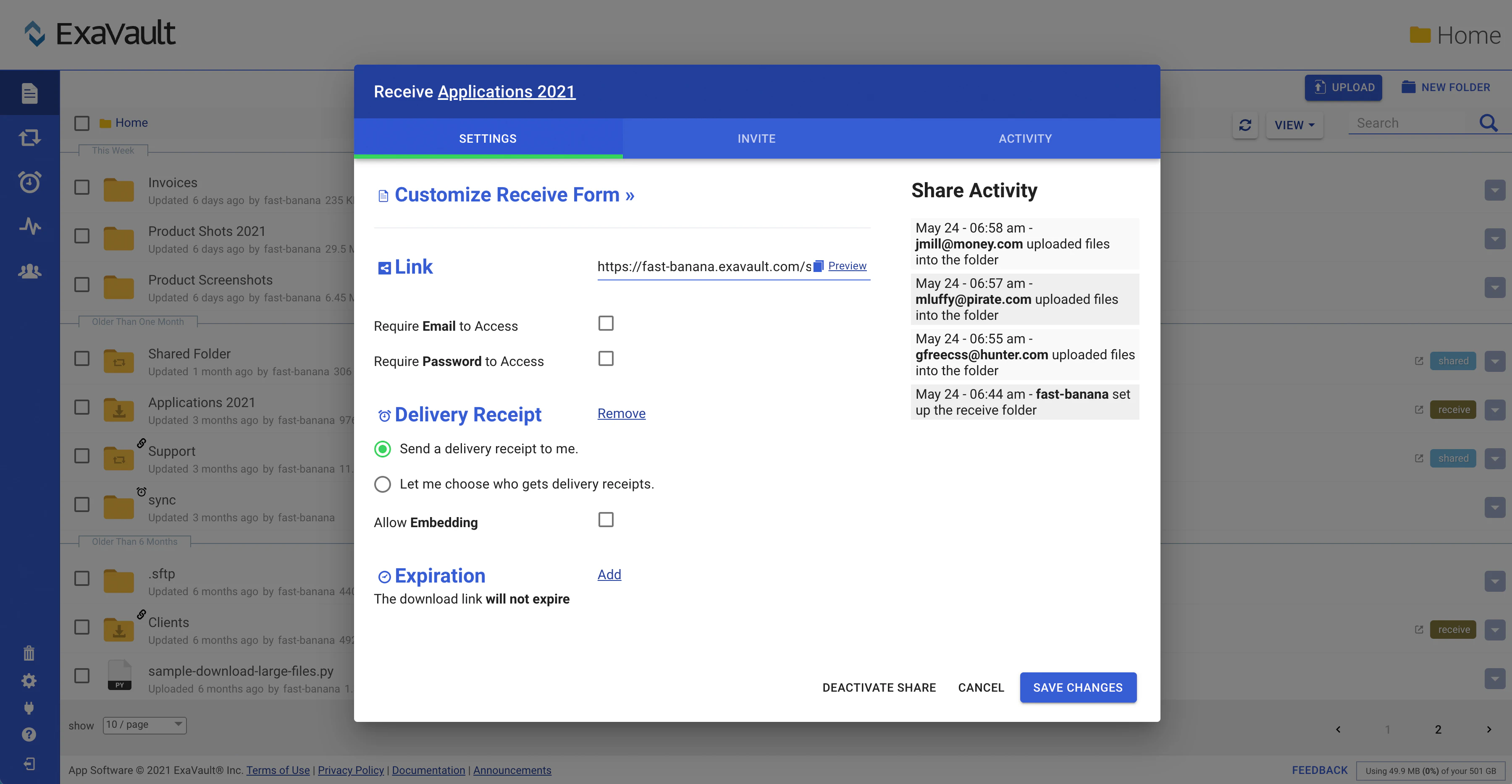 screenshot of ExaVault Cloud FTP